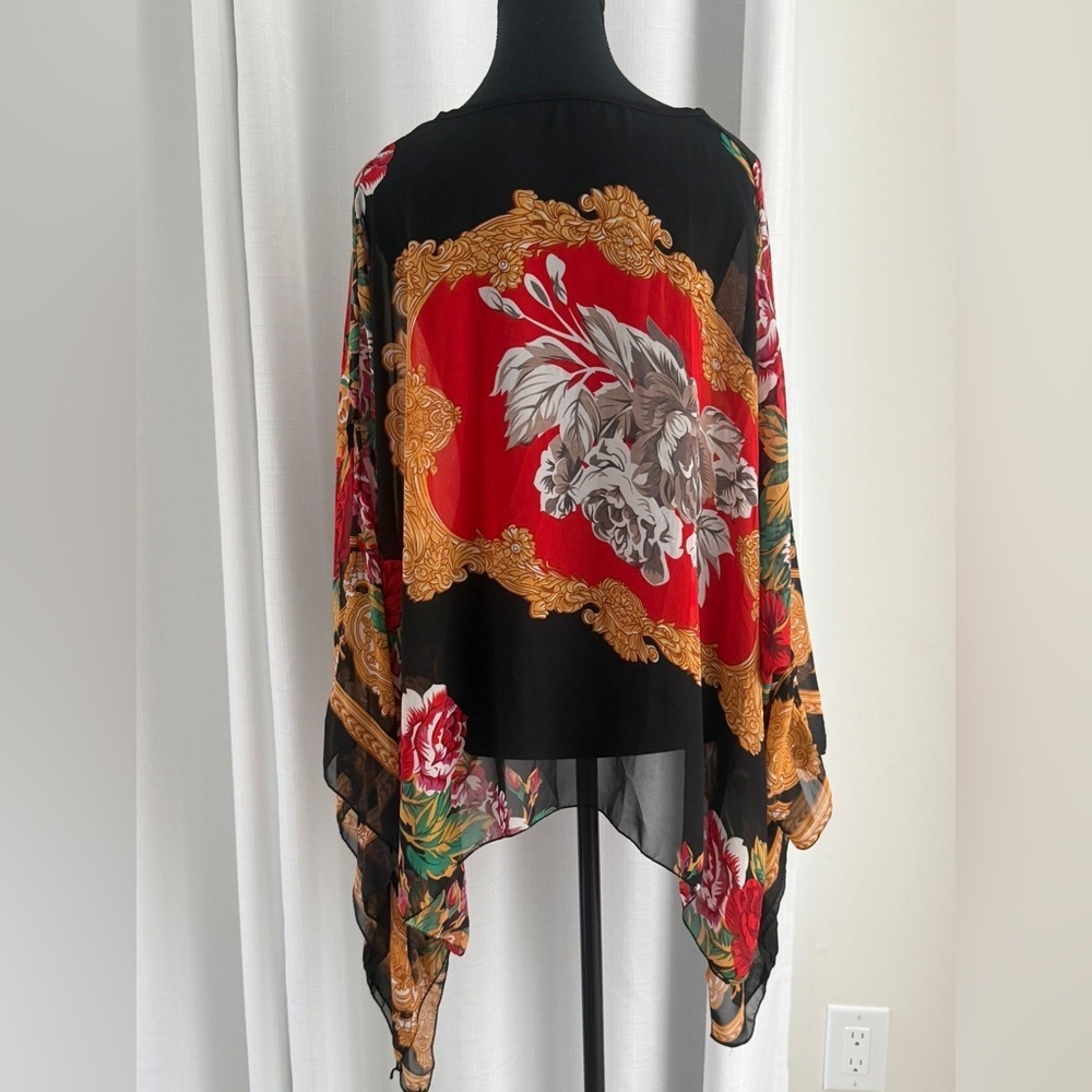 Bohemian Floral Sheer Kimono Top - Black/Red